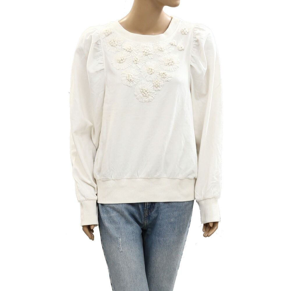 By Anthropologie Embroidered Sweatshirt Top Floral Long Sleeve Cotton L 285600 - Picture 4 of 8